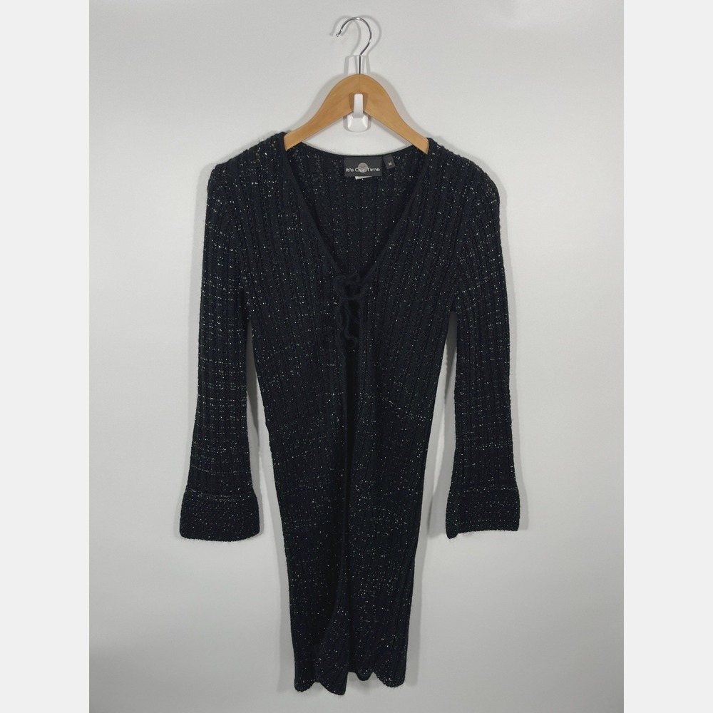 Vintage Y2K Womens Cardigan M Black Sparkle Tie Front Whimsigoth Dark Fairy